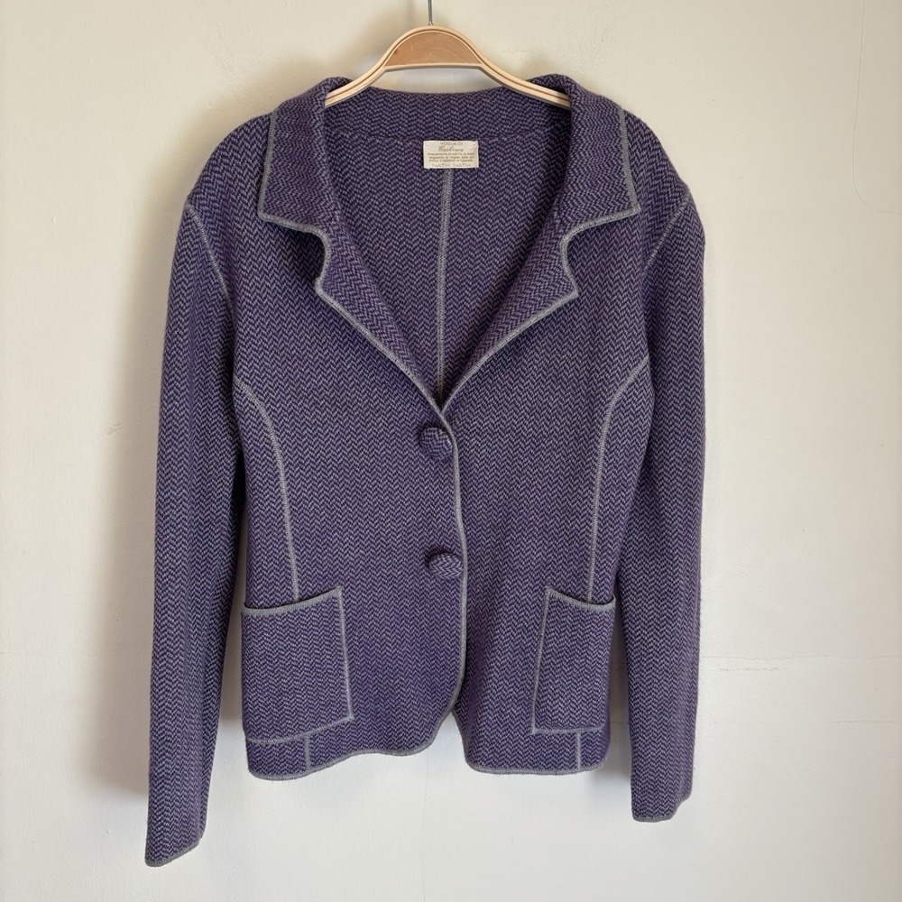 Women's 100% Cashmere Blazer Jacket Purple Herringbone Quiet Luxury Small - DESC